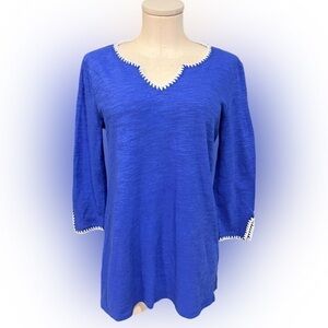 TALBOTS NEW sapphire blue tunic top with white stitch trim